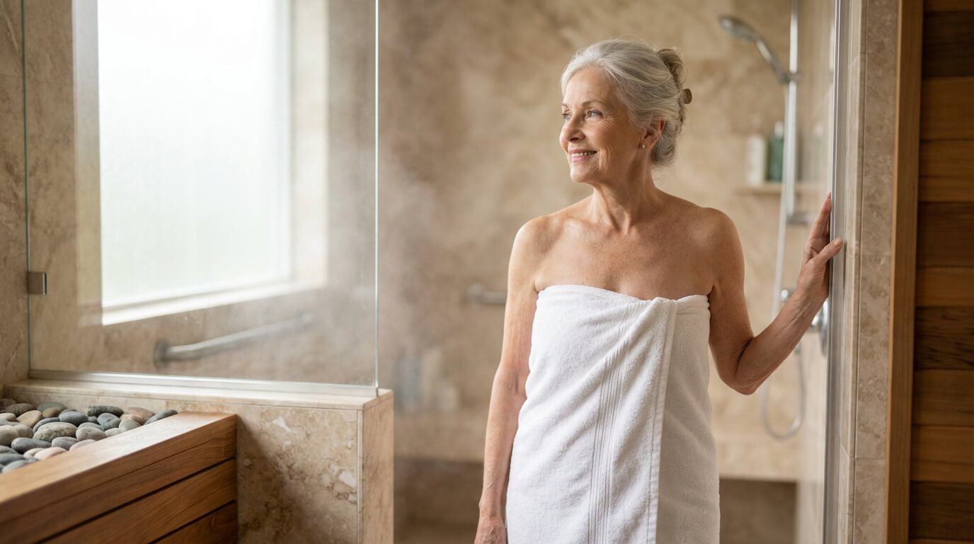 Guide complet des dimensions d'une douche pmr : les 5 normes essentielles à connaître 2 Barre d'appui et siège rabattable installés dans une douche pmr sécurisée
